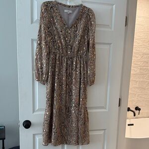 LOFT Taupe Paisley Metallic-Accent Long Sleeve Midi Dress